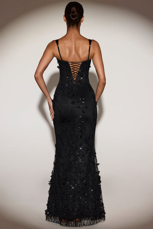 Vashinata Robe de Soirée Corsetée à Appliques - Noir