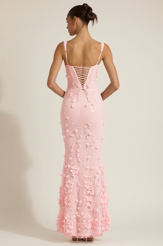 Vashinata Robe de Soirée Corsetée à Appliques - Rose