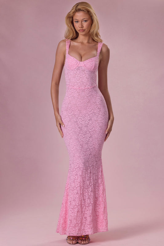 Thalia Robe Gown Col Coeur en Dentelle Premium - Rose Poudré