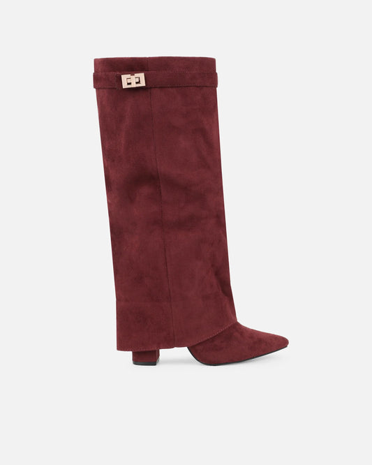 Bottes à Talon en Microfibre Bourgogne avec Revers et Détail Boucle