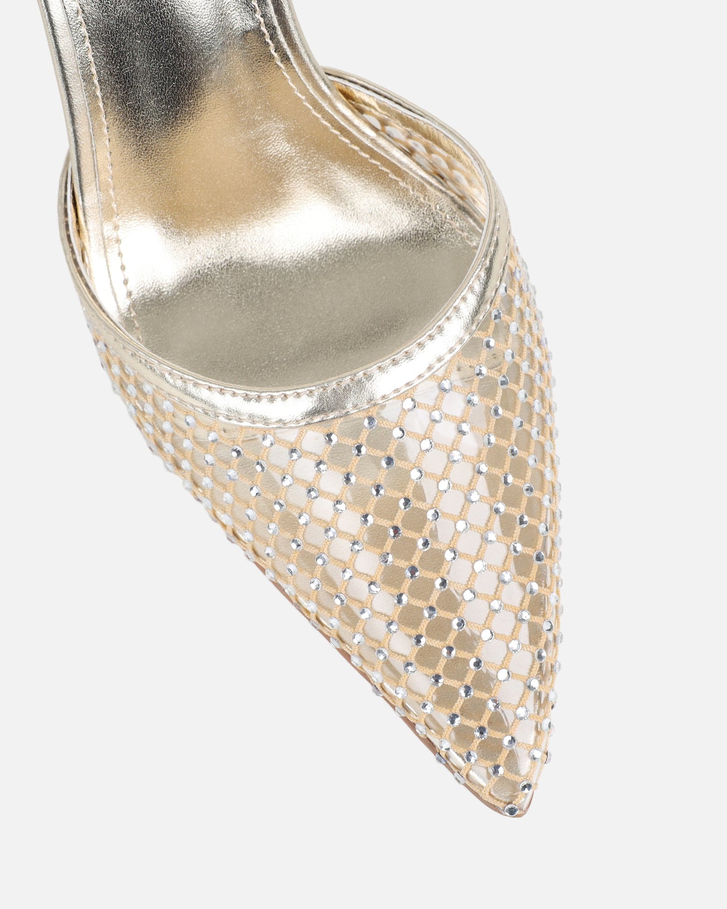 Sandales à Talon en Mesh Doré Orné de Strass