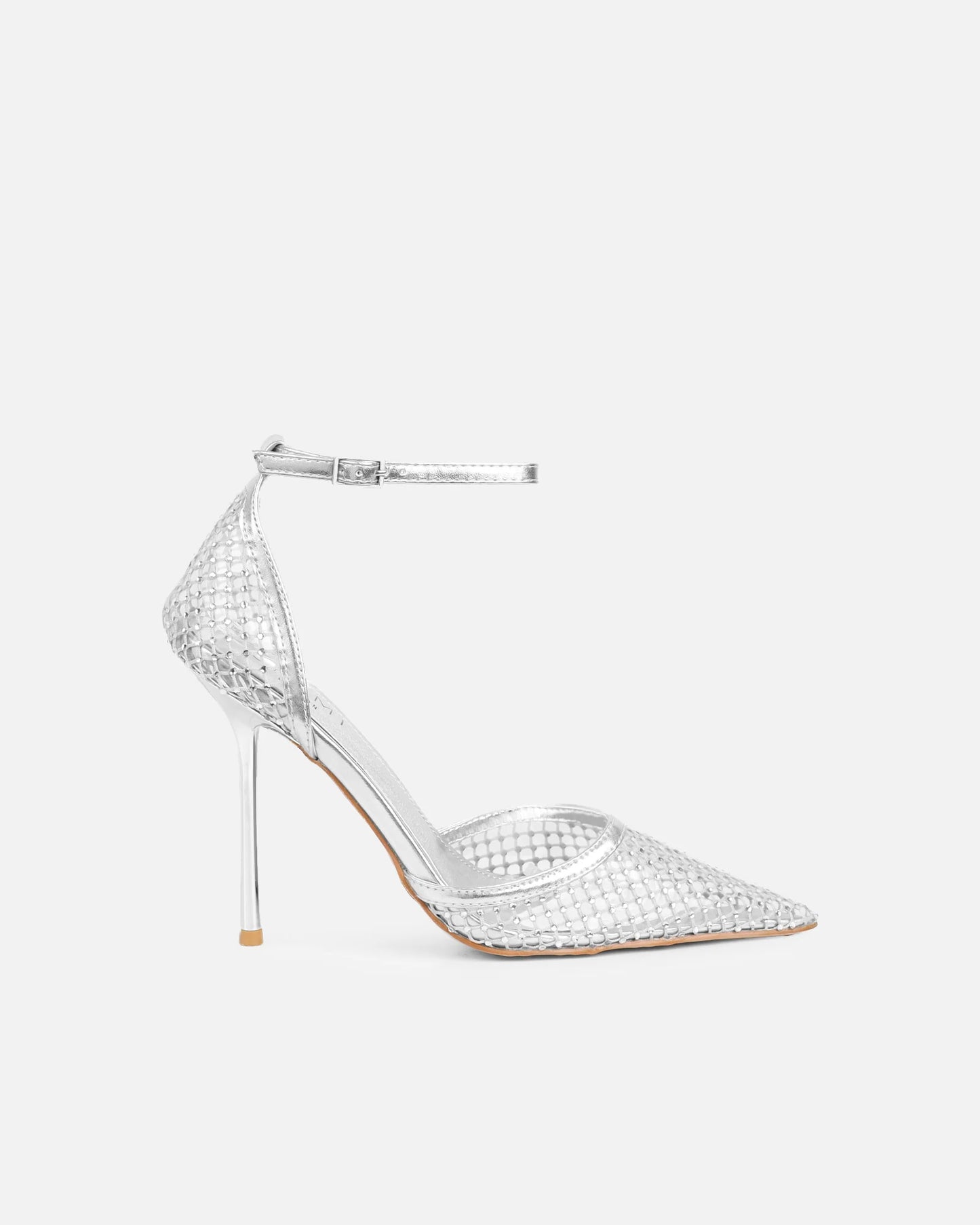 Sandales à Talon en Mesh Argenté Orné de Strass