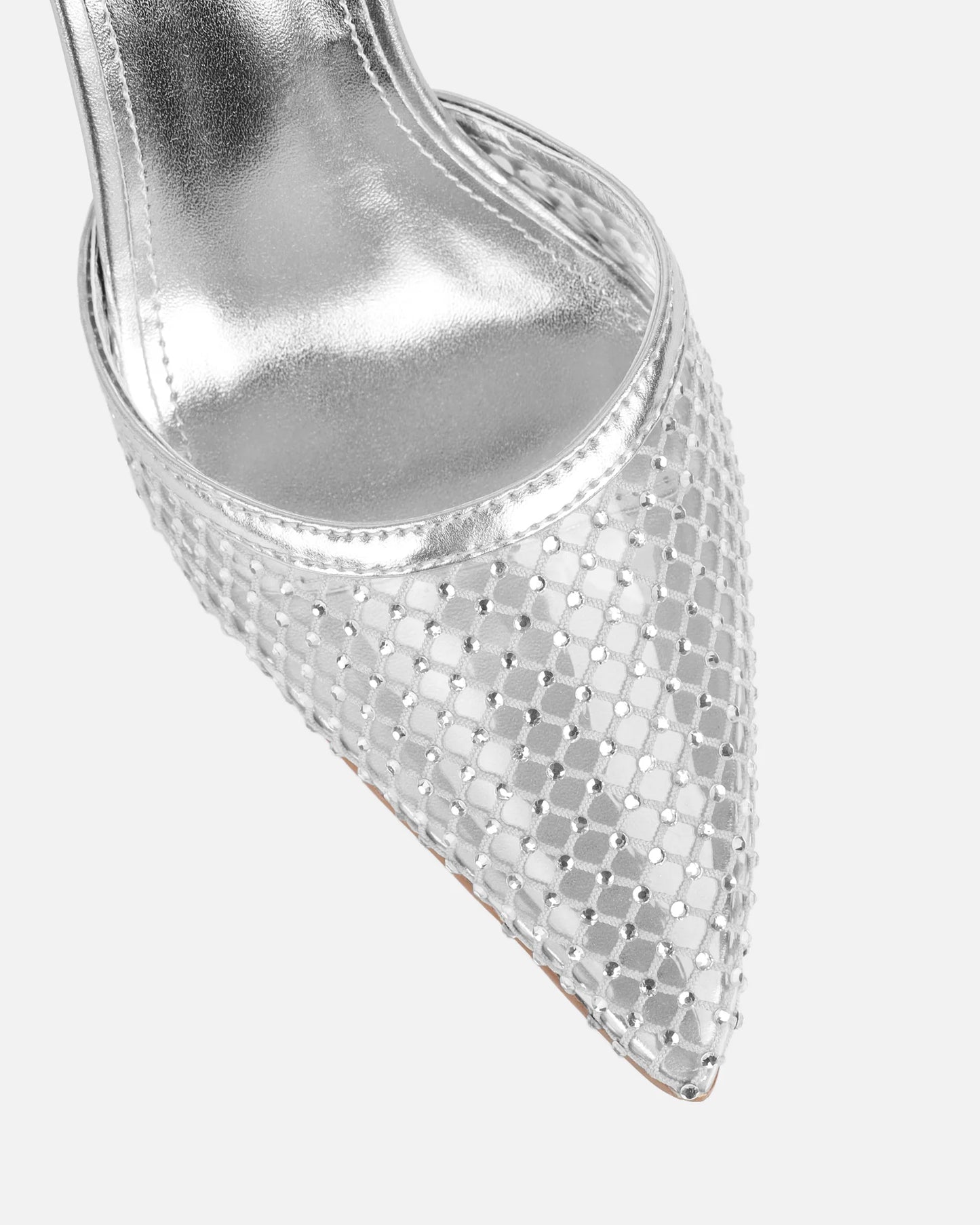 Sandales à Talon en Mesh Argenté Orné de Strass