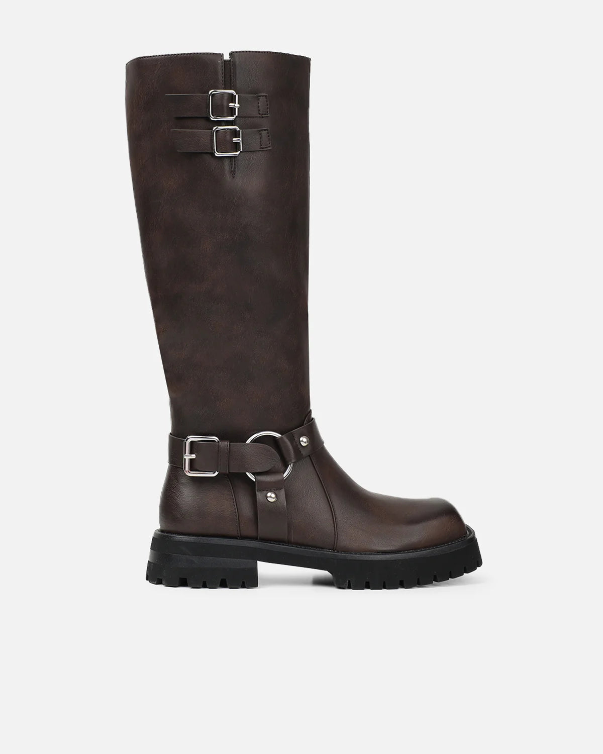 Bottes Motardes Chunky Vintage Marron à Hauteur de Genou