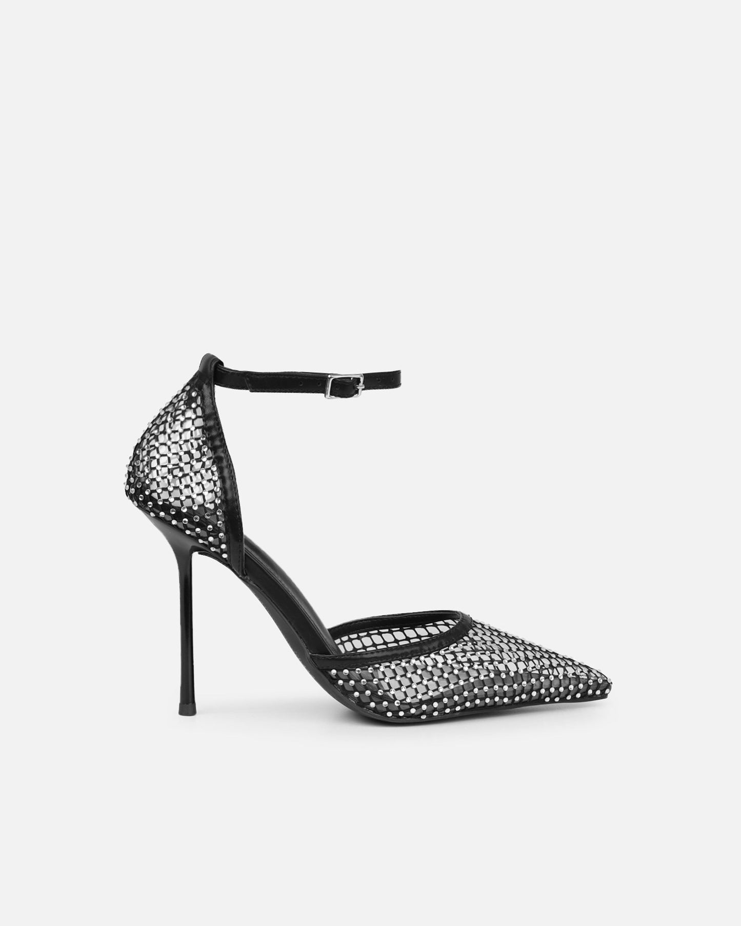 Sandales à Talon en Mesh Noir Orné de Strass