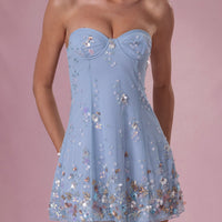 Gaia Robe Mini Bandeau Ornée - Bleu Poudré