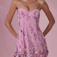 Gaia Robe Mini Bandeau Ornée - Rose Barbe à Papa