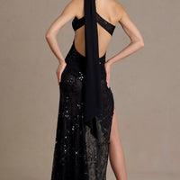 Xanthe Robe Maxi en Dentelle à Séquins avec Détail Écharpe - Noir