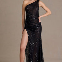 Xanthe Robe Maxi en Dentelle à Séquins avec Détail Écharpe - Noir