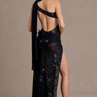 Xanthe Robe Maxi en Dentelle à Séquins avec Détail Écharpe - Noir