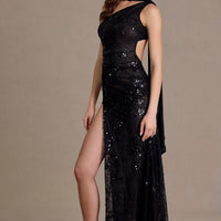 Xanthe Robe Maxi en Dentelle à Séquins avec Détail Écharpe - Noir