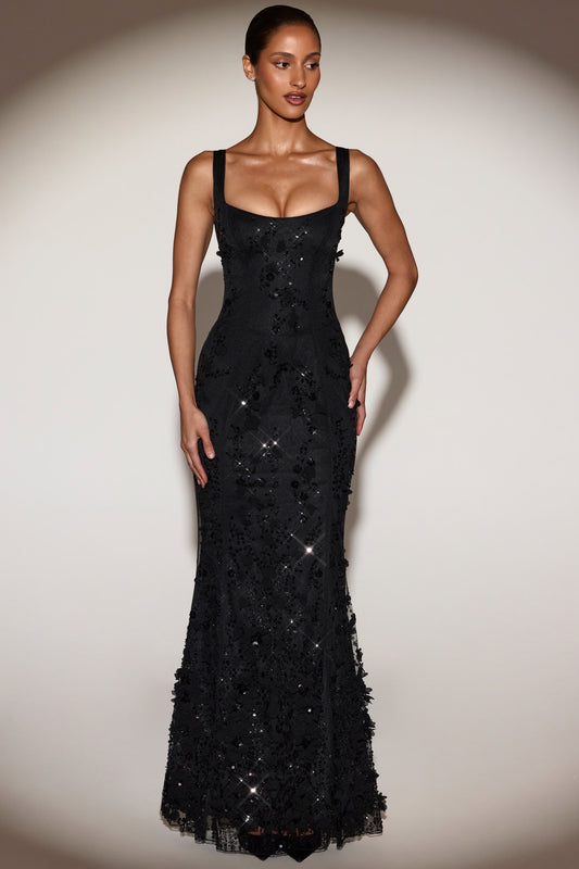 Vashinata Robe de Soirée Corsetée à Appliques - Noir