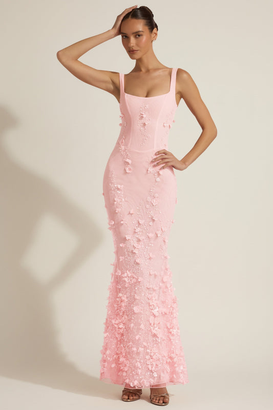 Vashinata Robe de Soirée Corsetée à Appliques - Rose
