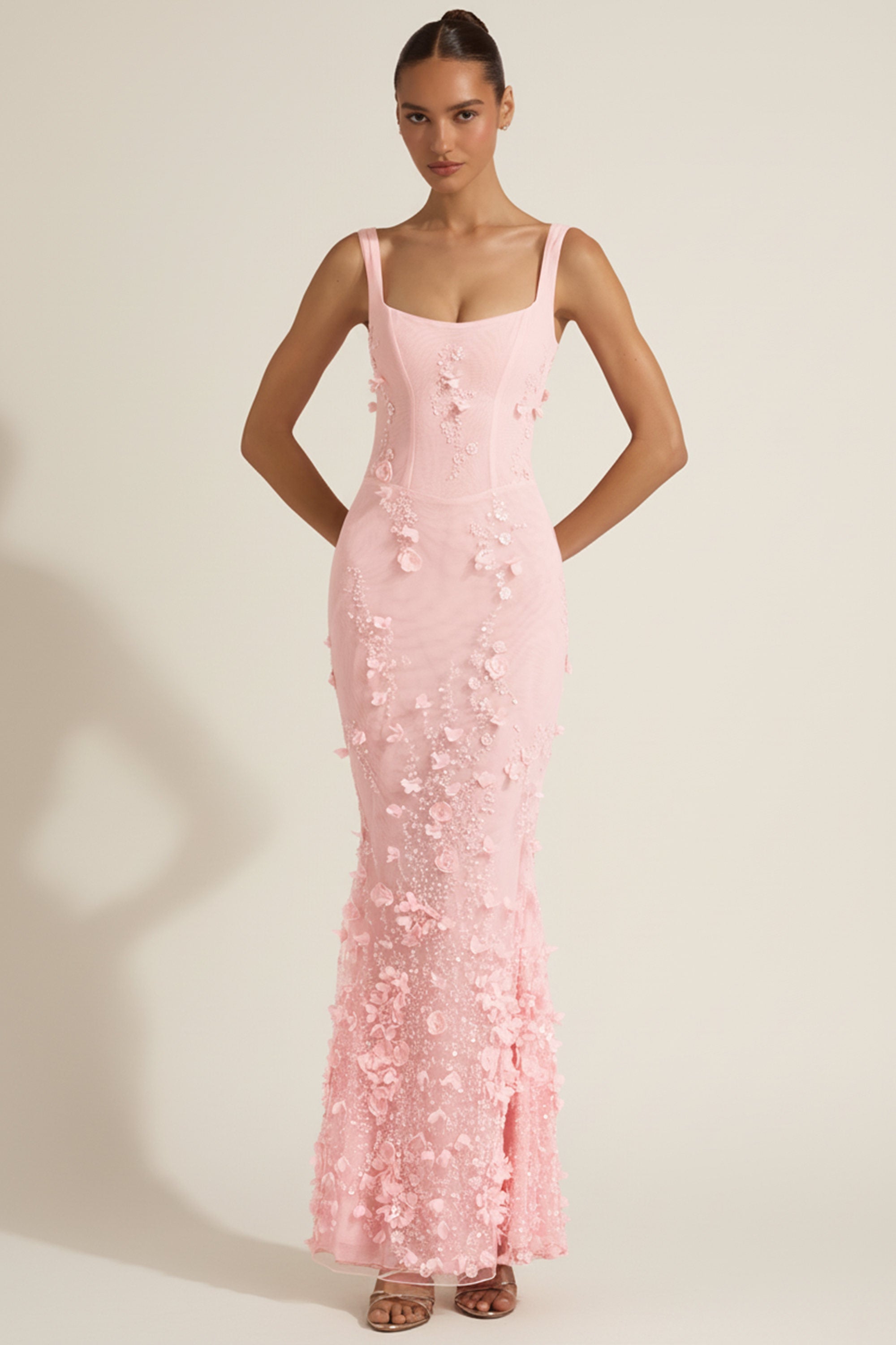 Vashinata Robe de Soirée Corsetée à Appliques - Rose
