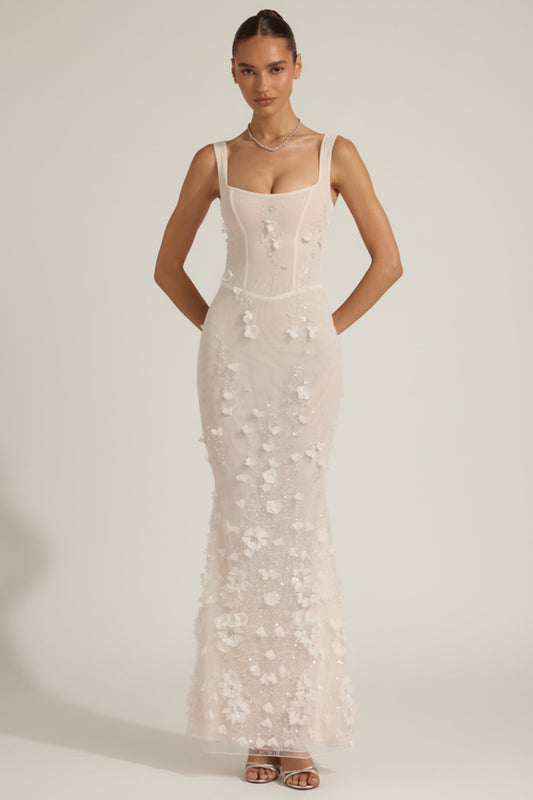 Vashinata Robe de Soirée Corsetée à Appliques - Blanc