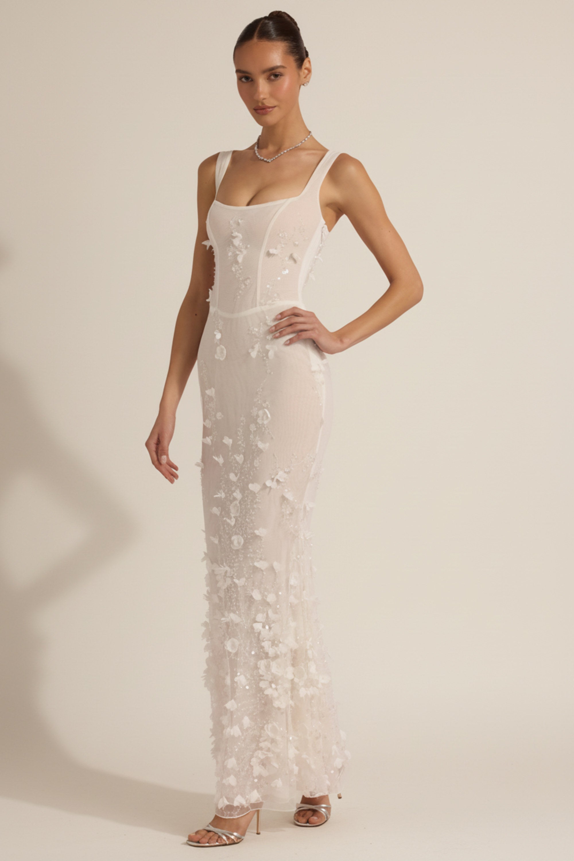 Vashinata Robe de Soirée Corsetée à Appliques - Blanc
