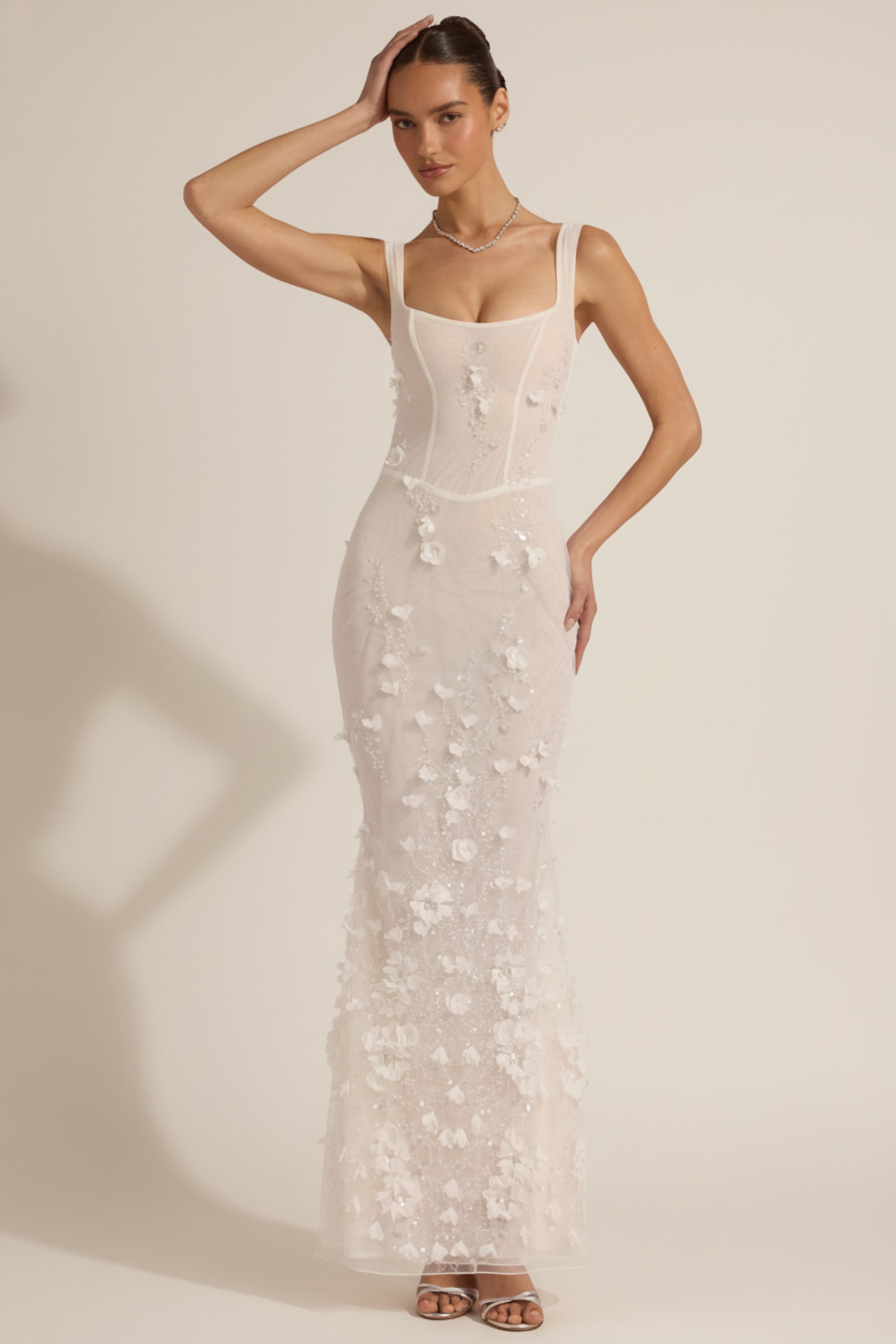 Vashinata Robe de Soirée Corsetée à Appliques - Blanc