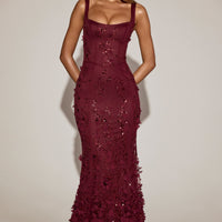 Vashinata Robe de Soirée Corsetée à Appliques - Bordeaux