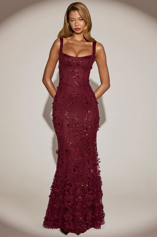 Vashinata Robe de Soirée Corsetée à Appliques - Bordeaux