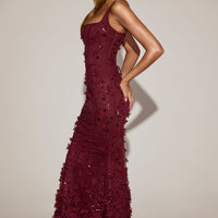 Vashinata Robe de Soirée Corsetée à Appliques - Bordeaux