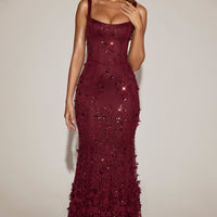 Vashinata Robe de Soirée Corsetée à Appliques - Bordeaux