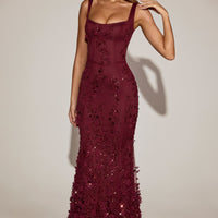 Vashinata Robe de Soirée Corsetée à Appliques - Bordeaux