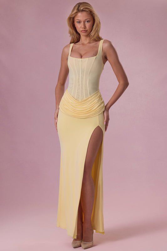 Celeste Robe de Demoiselle d'Honneur Drapée en Mesh Premium - Jaune Beurre