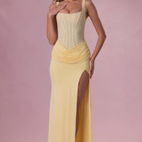 Celeste Robe de Demoiselle d'Honneur Drapée en Mesh Premium - Jaune Beurre
