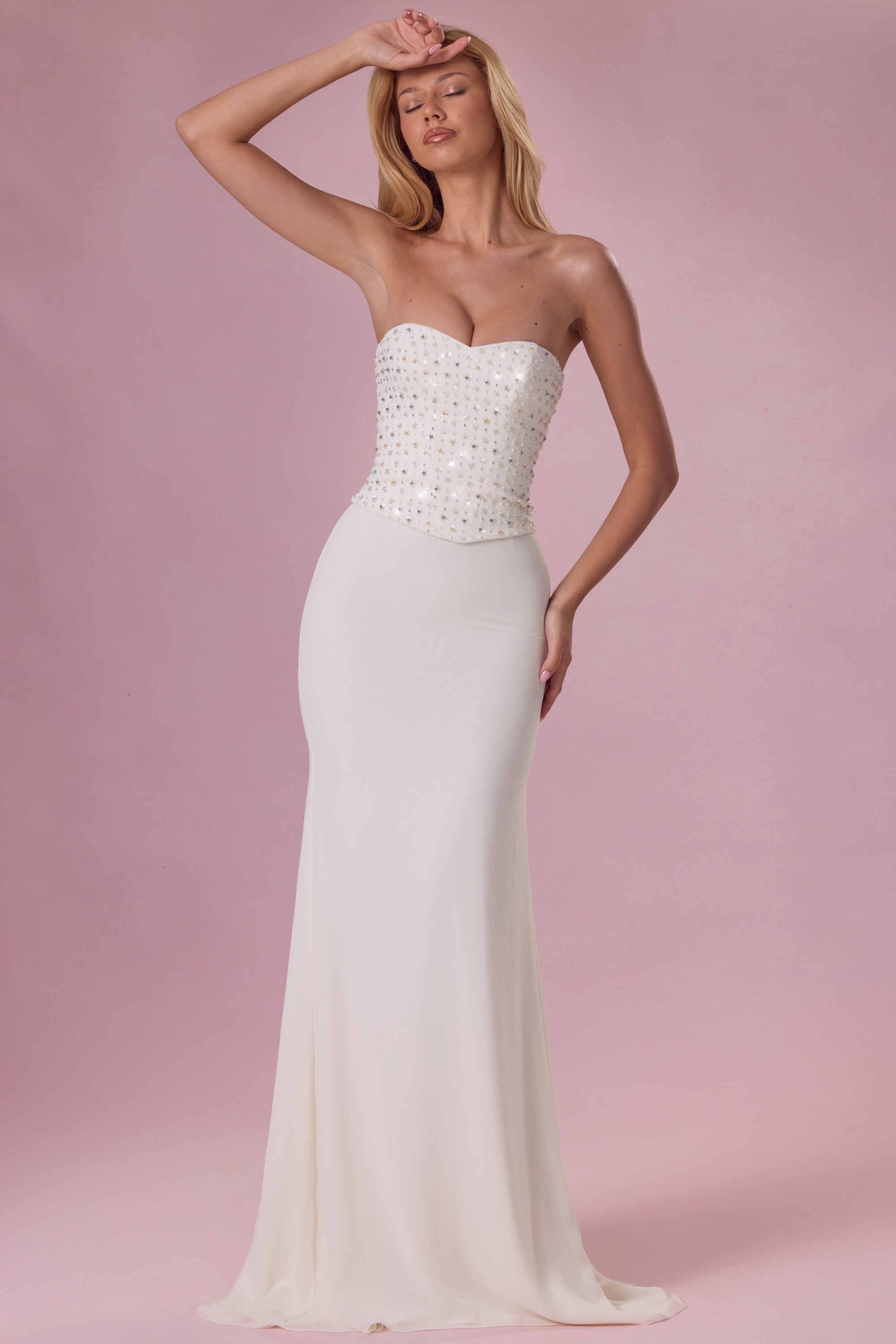Mira Robe Gown Corset Sans Bretelles Ornée - Ivoire