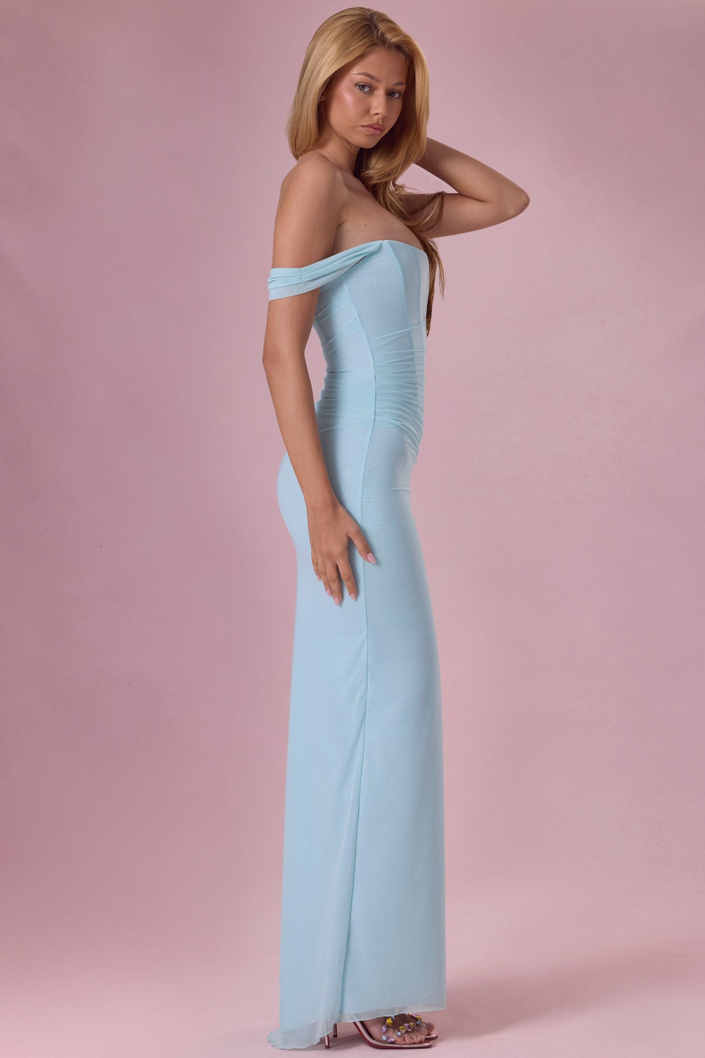 Seraphina Robe Gown Corset Drapé en Mesh Premium - Aqua Clair