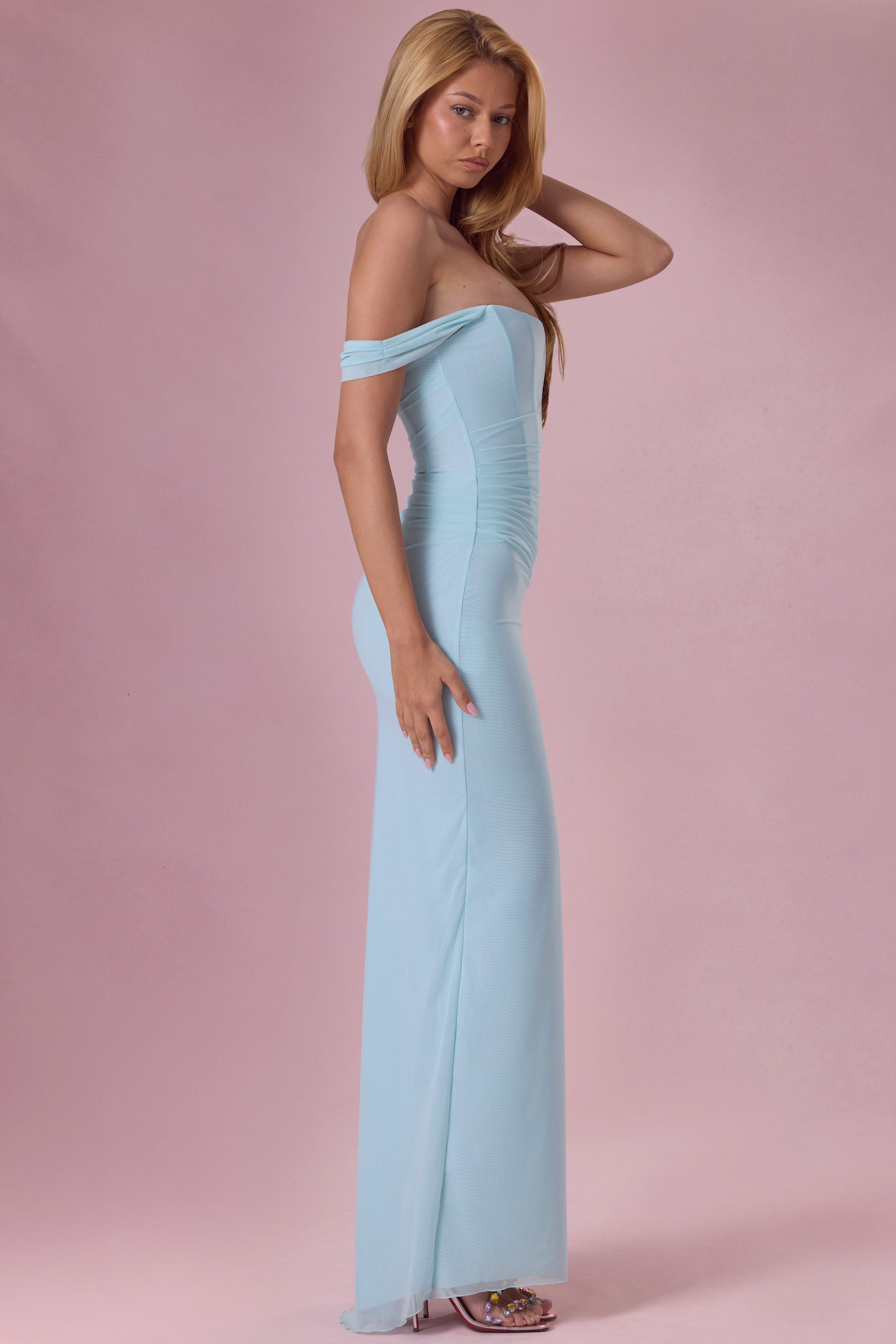 Seraphina Robe Gown Corset Drapé en Mesh Premium - Aqua Clair