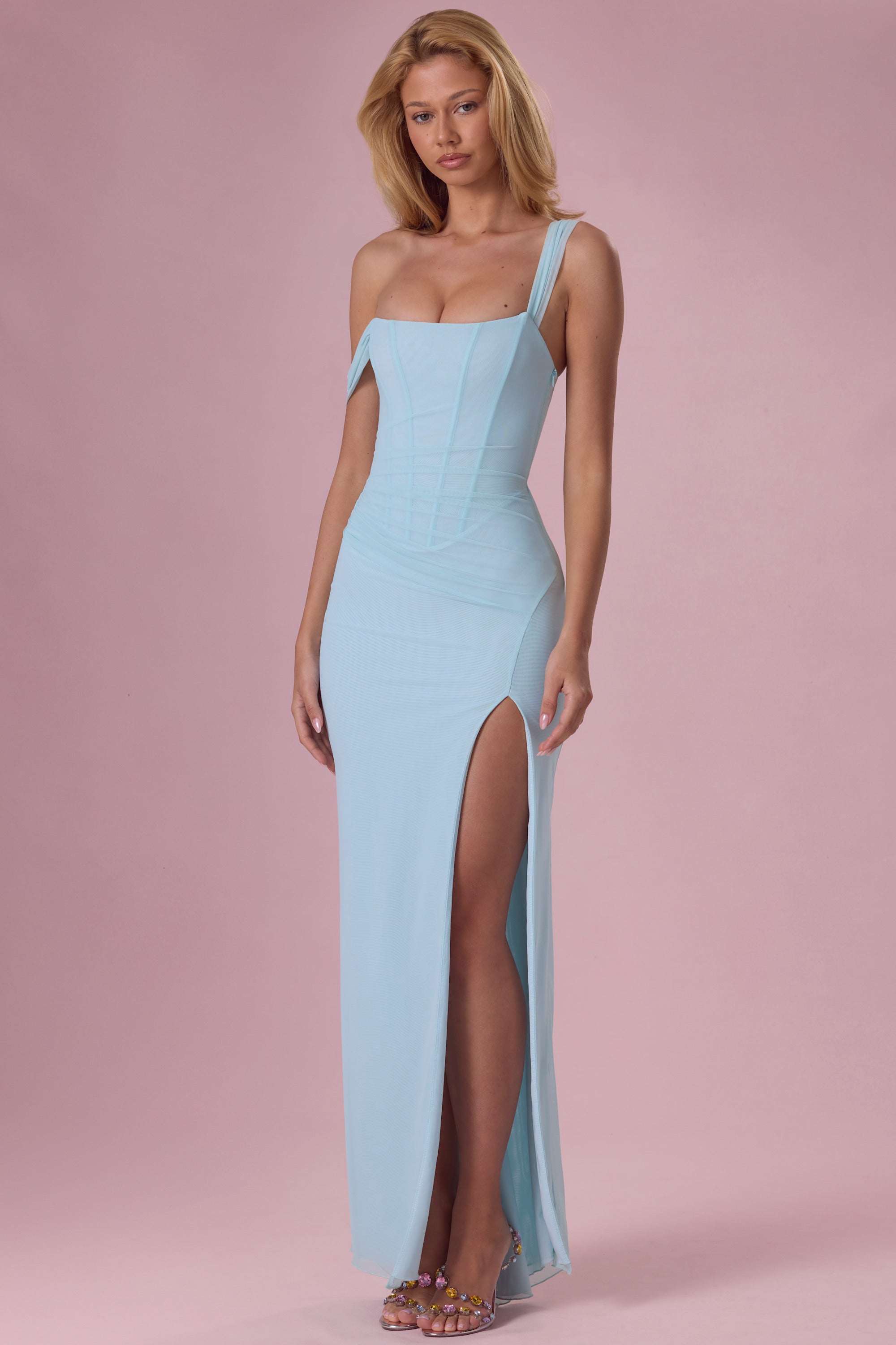 Seraphina Robe Gown Corset Drapé en Mesh Premium - Aqua Clair
