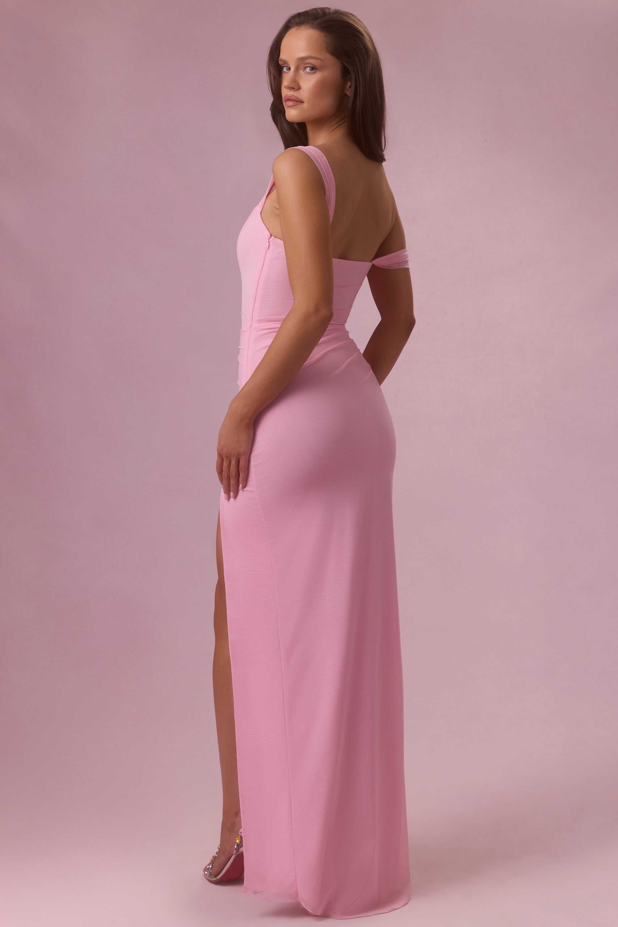 Seraphina Robe Gown Corset Drapé en Mesh Premium - Rose Bonbon