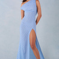 Aria Robe Maxi à Une Épaule - Imprimé à Pois Bleus