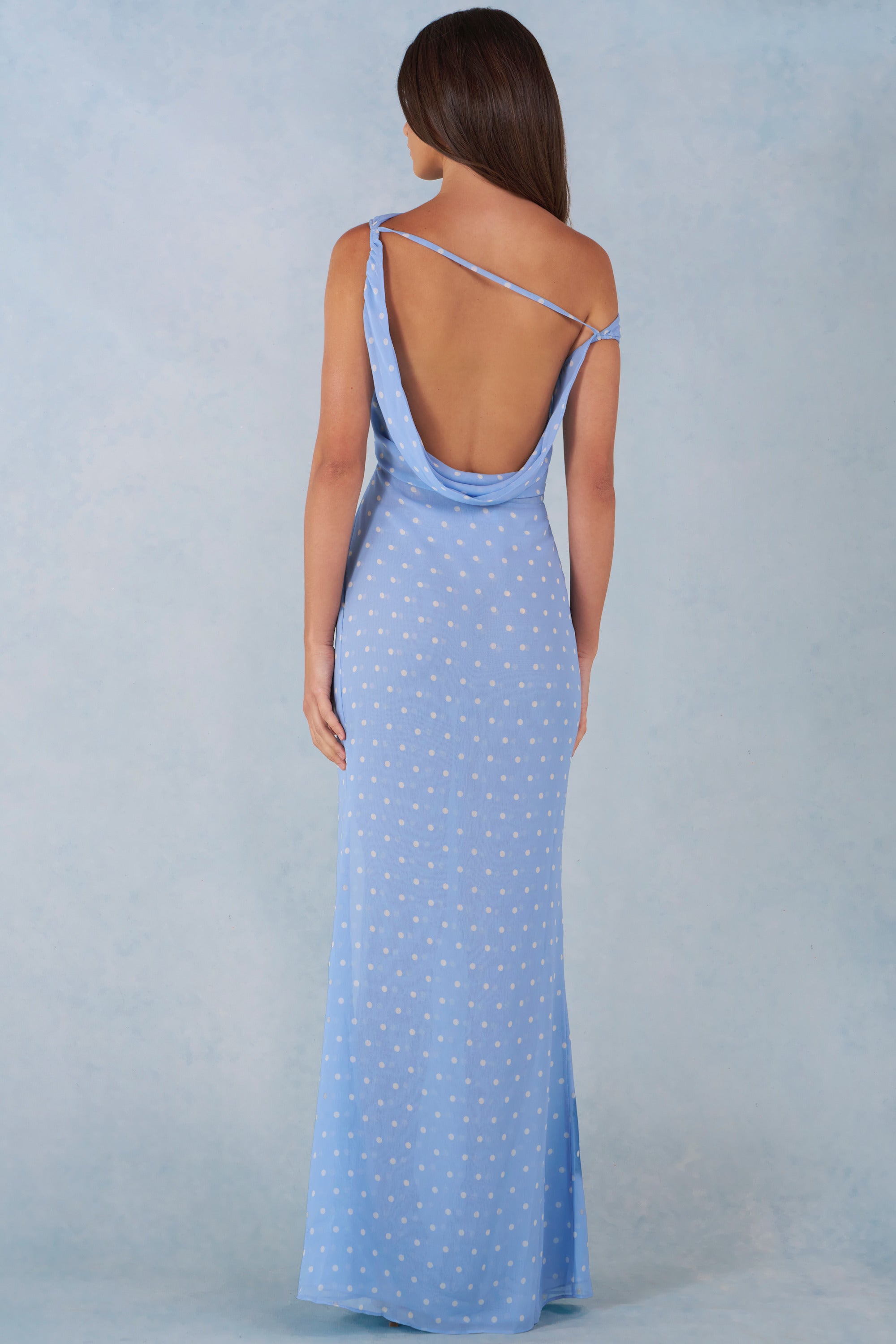 Aria Robe Maxi à Une Épaule - Imprimé à Pois Bleus