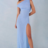 Aria Robe Maxi à Une Épaule - Imprimé à Pois Bleus