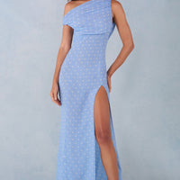 Aria Robe Maxi à Une Épaule - Imprimé à Pois Bleus