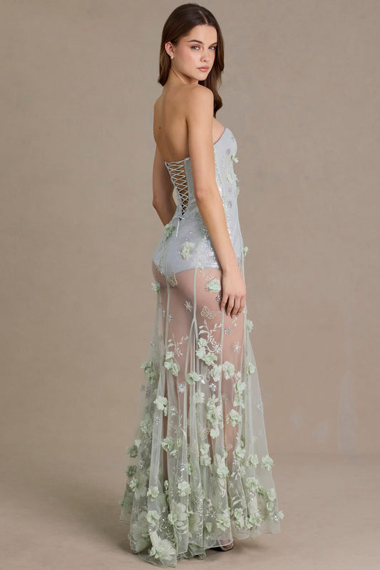 Lyra Robe Gown Corset en Tulle Orné Premium - Vert Sauge