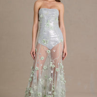 Lyra Robe Gown Corset en Tulle Orné Premium - Vert Sauge