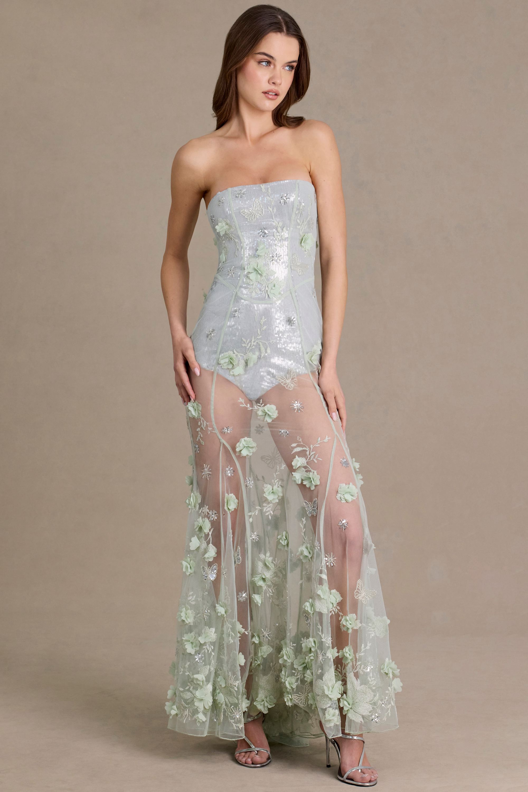 Lyra Robe Gown Corset en Tulle Orné Premium - Vert Sauge