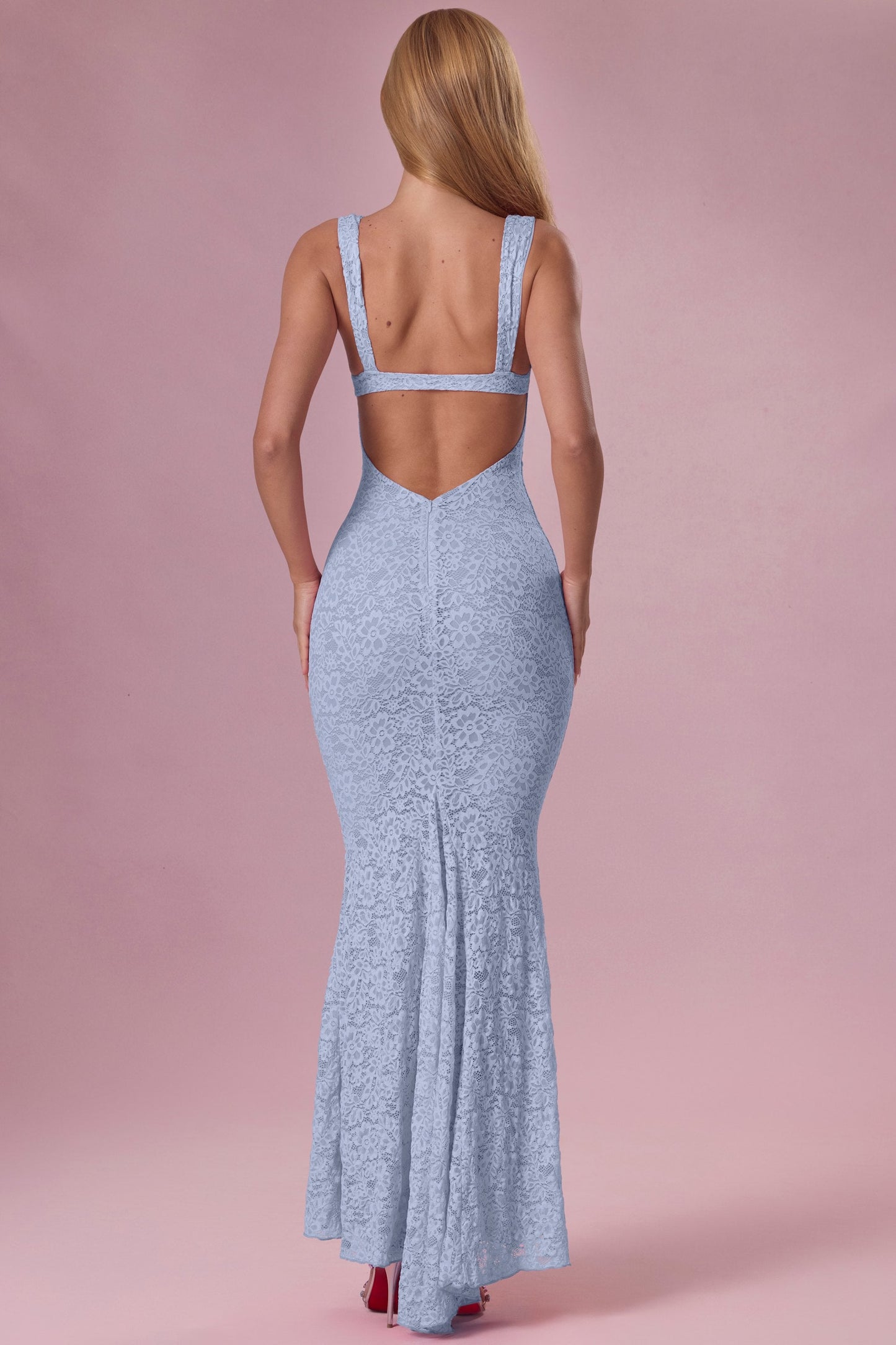 Thalia Robe Gown Col Coeur en Dentelle Premium - Bleu Poudré