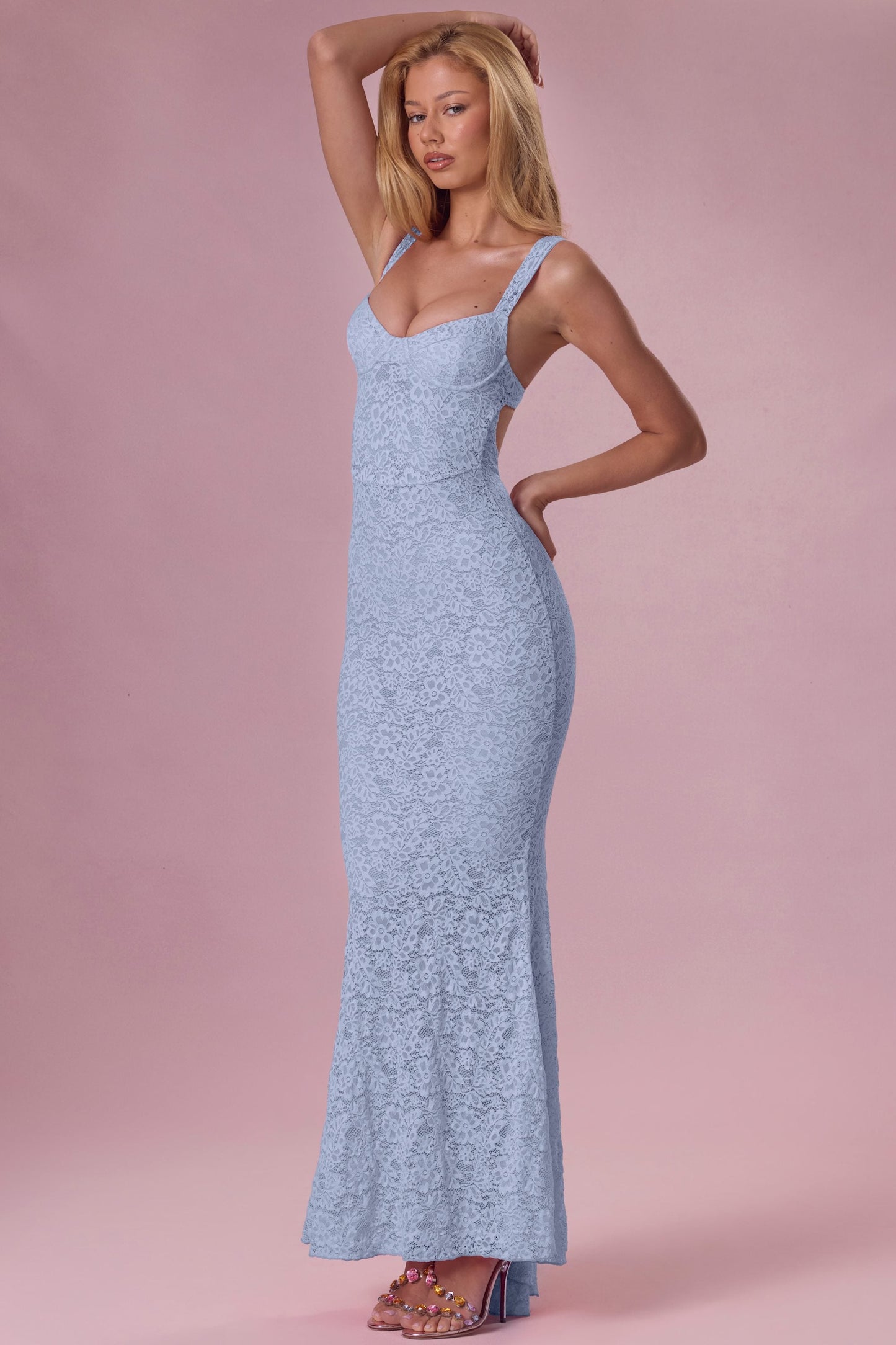 Thalia Robe Gown Col Coeur en Dentelle Premium - Bleu Poudré