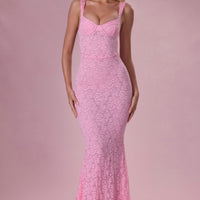 Thalia Robe Gown Col Coeur en Dentelle Premium - Rose Poudré