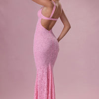 Thalia Robe Gown Col Coeur en Dentelle Premium - Rose Poudré