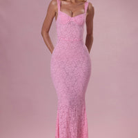 Thalia Robe Gown Col Coeur en Dentelle Premium - Rose Poudré