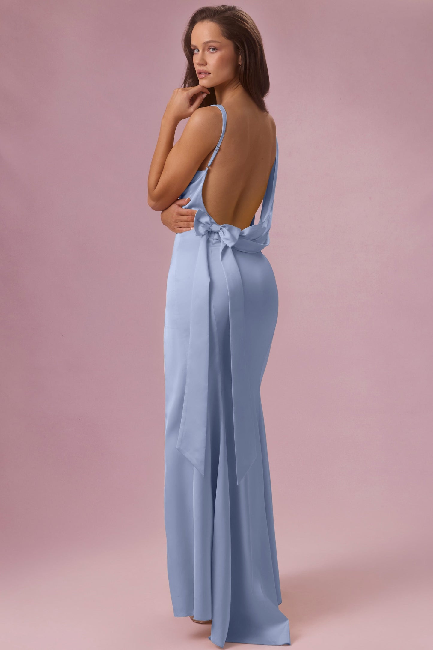 Eliana Robe de Demoiselle d'Honneur Drapée en Satin Premium - Bleu Poudré