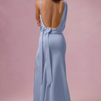 Eliana Robe de Demoiselle d'Honneur Drapée en Satin Premium - Bleu Poudré