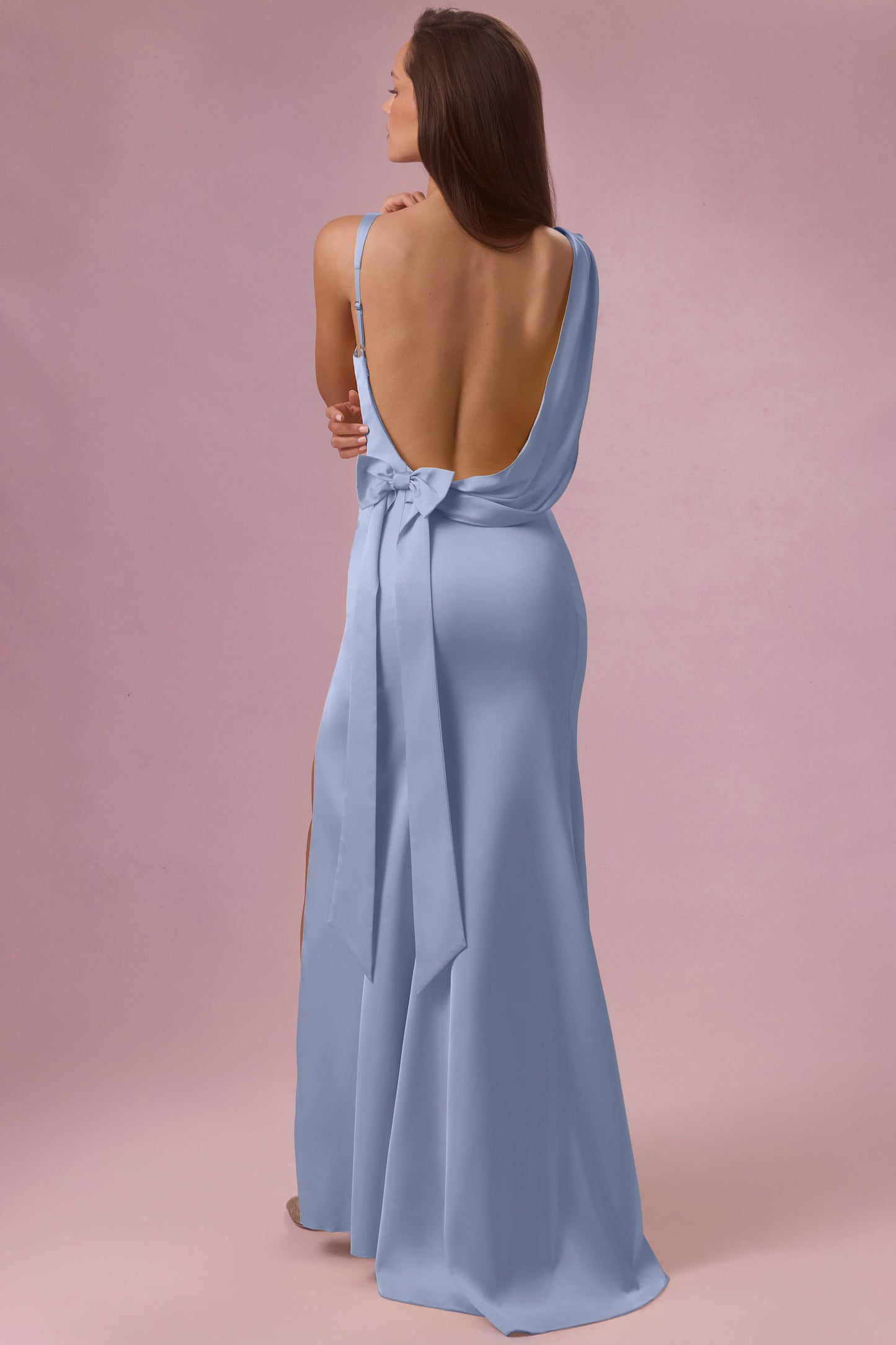 Eliana Robe de Demoiselle d'Honneur Drapée en Satin Premium - Bleu Poudré
