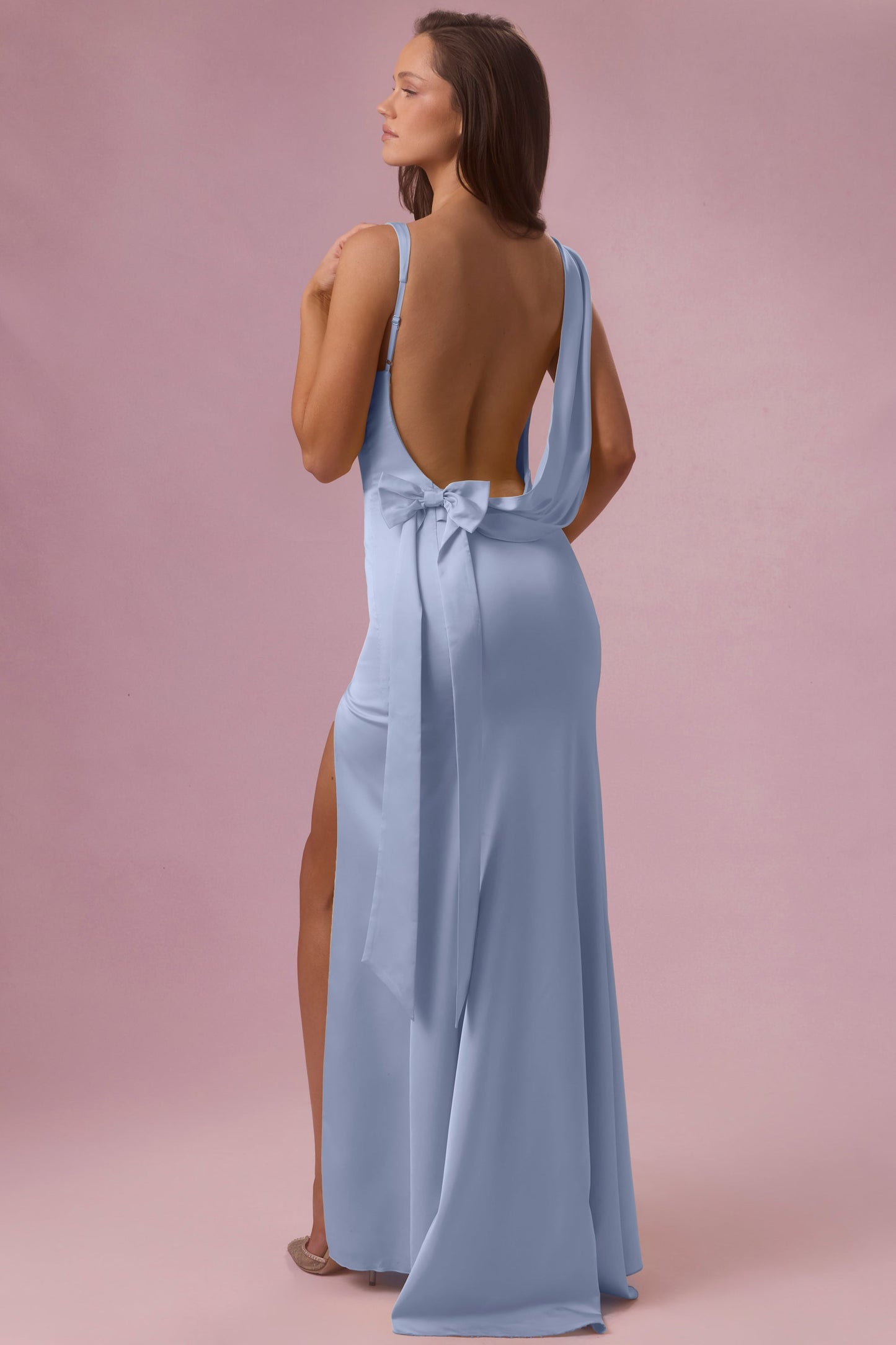 Eliana Robe de Demoiselle d'Honneur Drapée en Satin Premium - Bleu Poudré