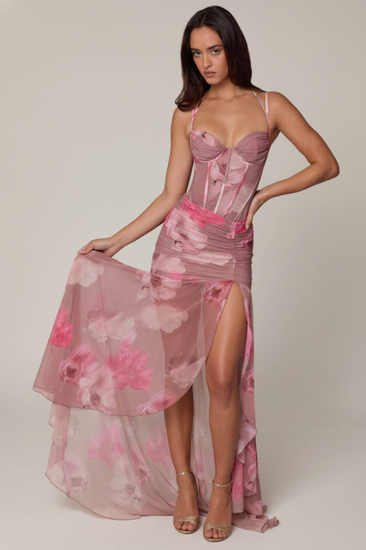 Aurelia Robe Gown Corset Asymétrique Plissé - Imprimé Floral Flou